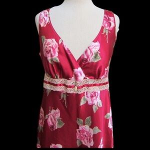 Vintage California Dynasty Babydoll Empire Waist Fushia Floral V-Neck Nightgown